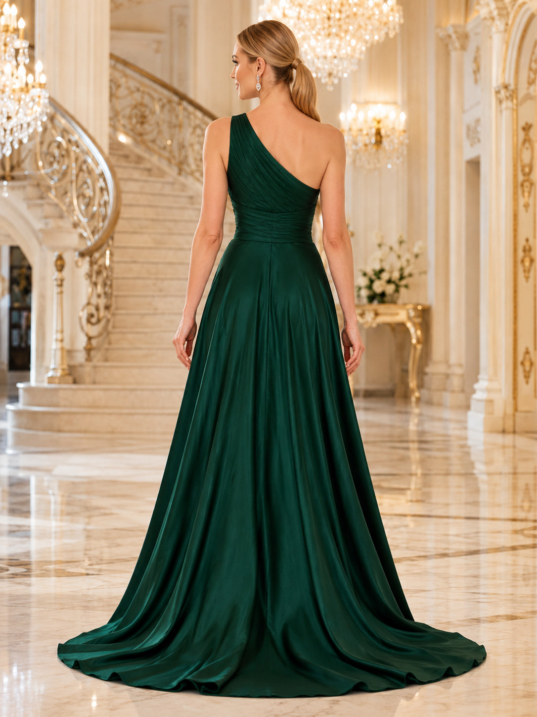 Dark Green Satin One-Shoulder Floor-length Formal Dress back view