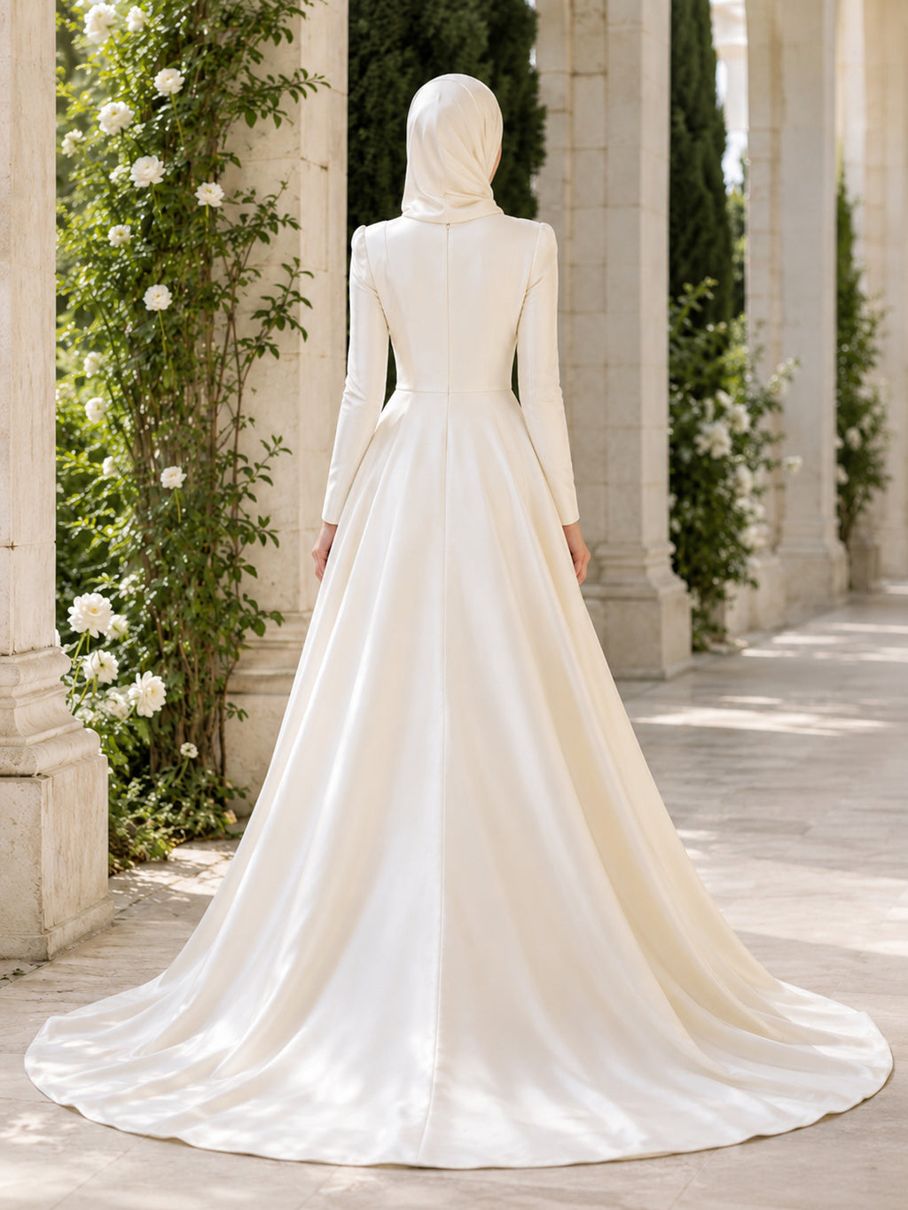 Simple Muslim Long Sleeve Satin A-Line Garden Wedding Dress back view