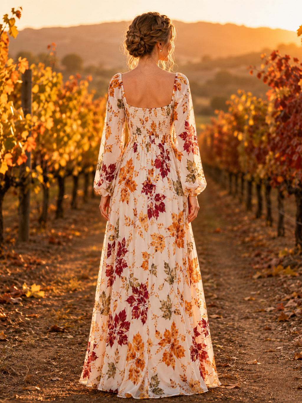 Square Neck Autumn Floral Vineyard Guest Maxi Dress back view