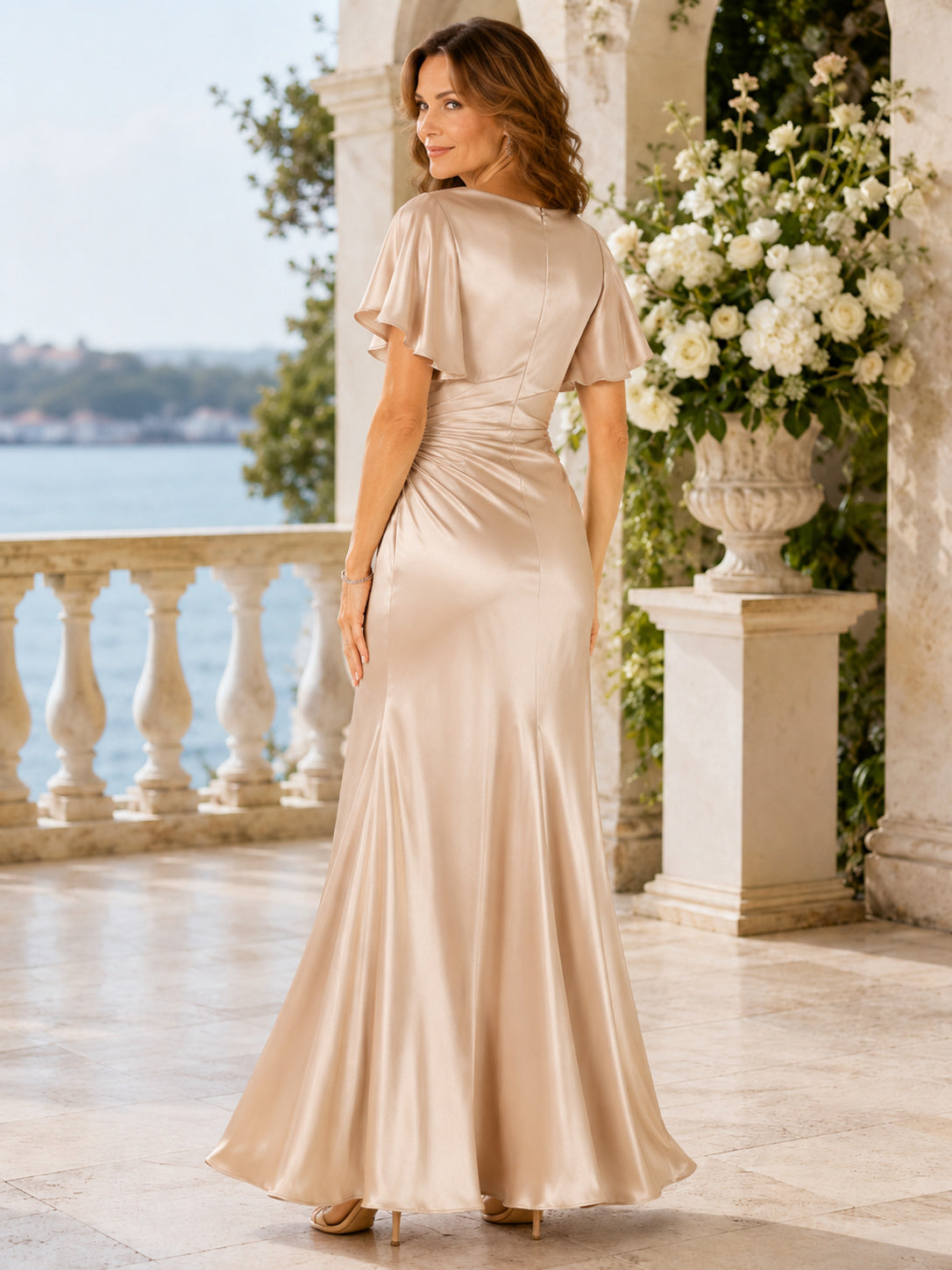 Champagne Romantic Cowl-Neck Satin A-Line Floor-Length Mother of the Bride Gown with Flutter Sleeves back view