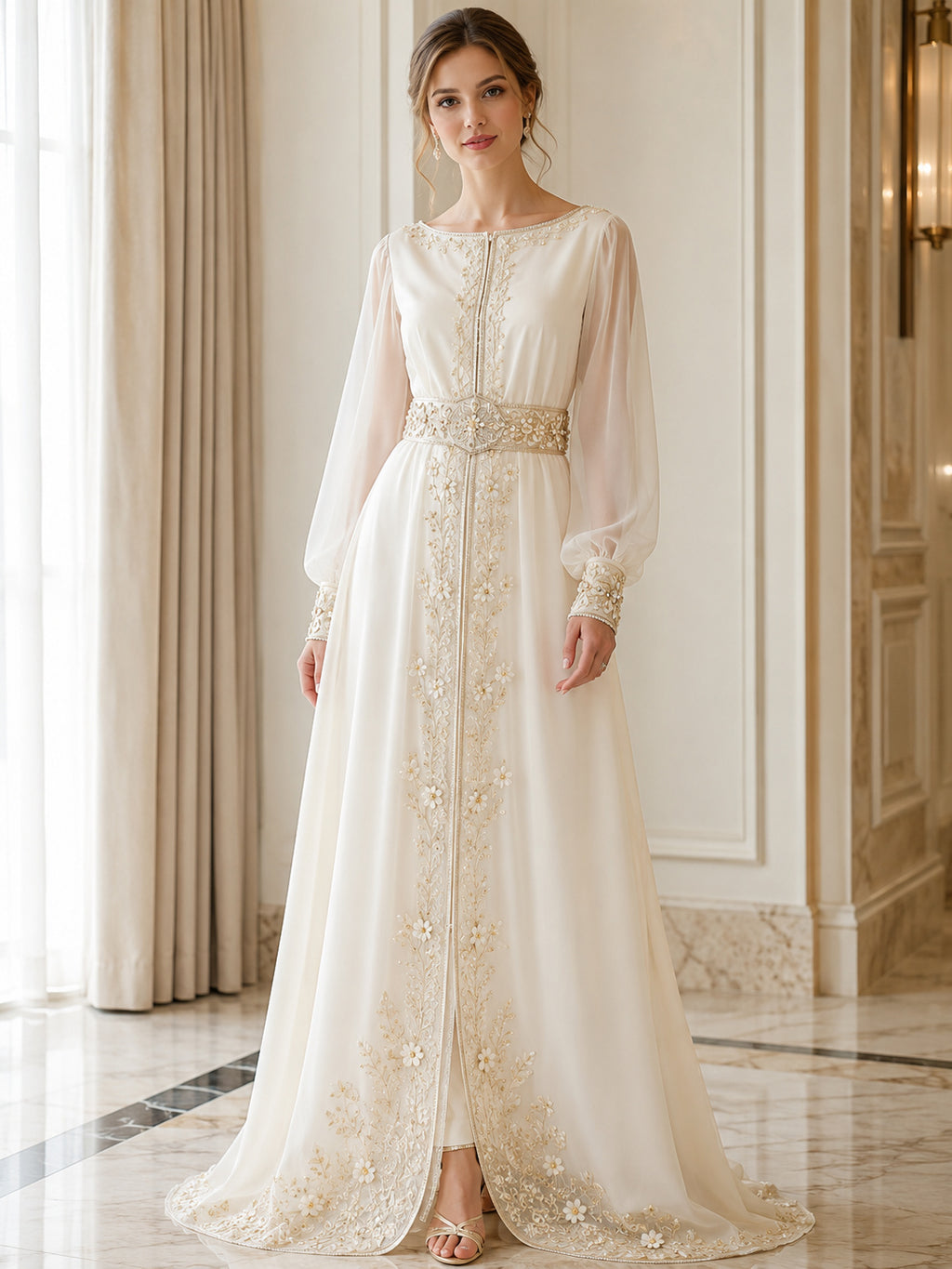 Elegant Bridal Caftan A Line Bateau Long Poet Sleeve Gold Embroidered Wedding Gown front view