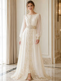 Elegant Bridal Caftan A Line Bateau Long Poet Sleeve Gold Embroidered Wedding Gown front view