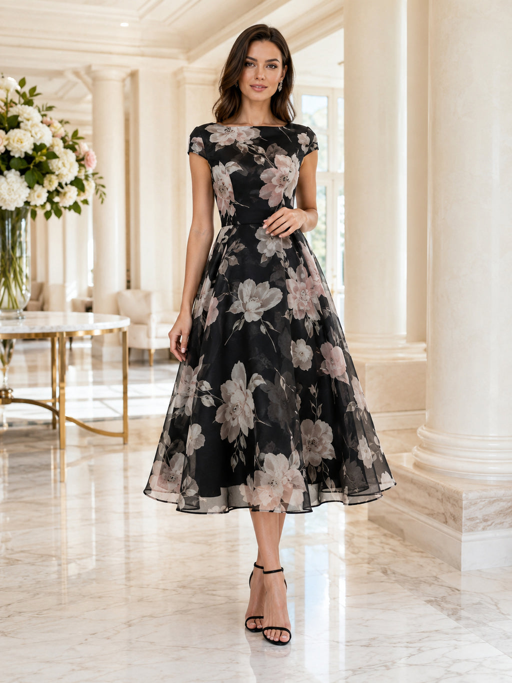 Black Floral Organza Bateau Neck Cap Sleeve A-Line Tea Dress front view
