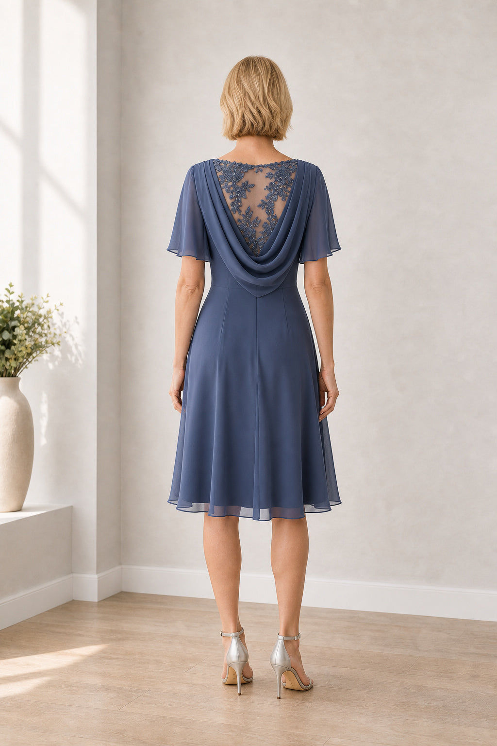 Slate Blue Bateau Flutter Sleeve A-Line Chiffon Knee-Length Dress With Sheer Back