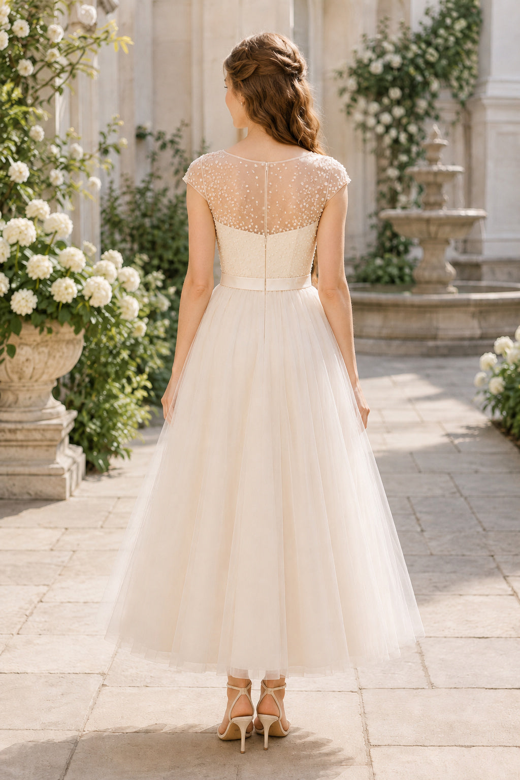 Ivory Lace Cap Sleeve Tea-Length Wedding Dress with Beaded Belt – Ms. Grace