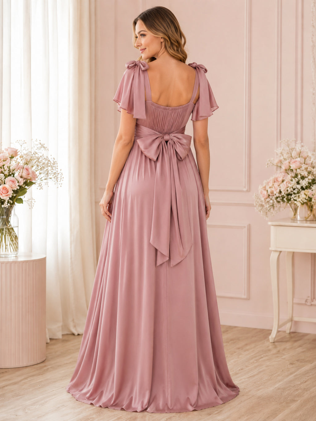 Dusty Rose Maternity Square Neck Flutter Sleeve Bow Chiffon A-Line Floor Length Dress back view