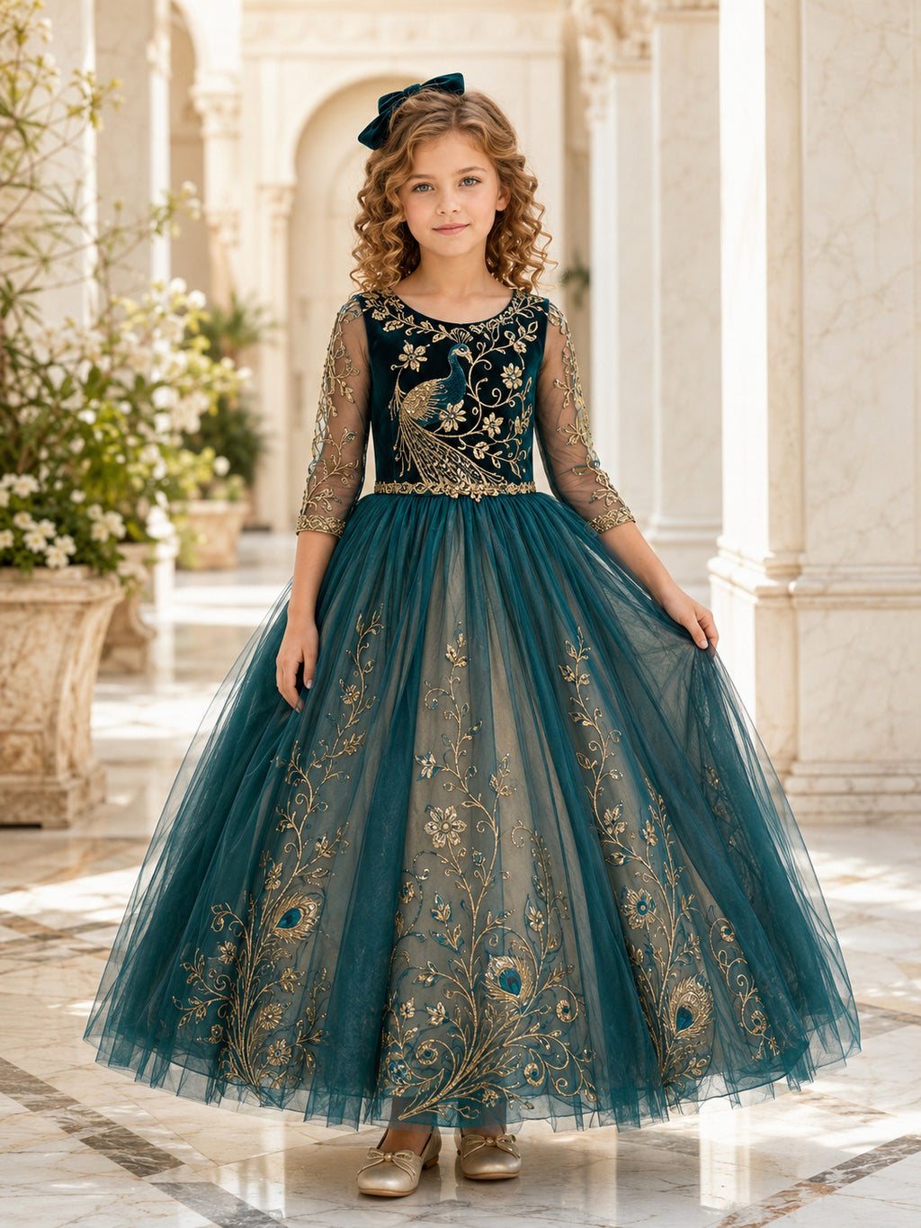 Peacock Teal Velvet Flower Girl Dress with Illusion Three-Quarter Sleeves, Floor-Length Ball Gown Skirt and Gold Feather Embr