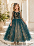 Peacock Teal Velvet Flower Girl Dress with Illusion Three-Quarter Sleeves, Floor-Length Ball Gown Skirt and Gold Feather Embr
