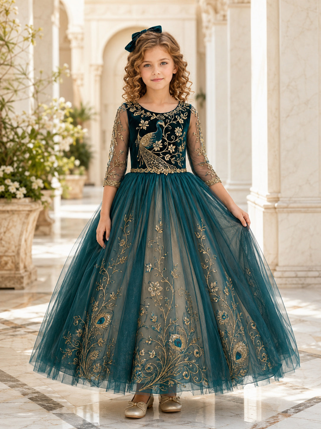 Peacock Teal Velvet Flower Girl Dress with Illusion Three-Quarter Sleeves, Floor-Length Ball Gown Skirt and Gold Feather Embr