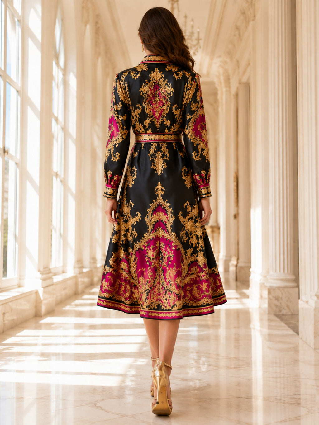 Black Baroque Satin Long Sleeve Midi Shirt Dress back view