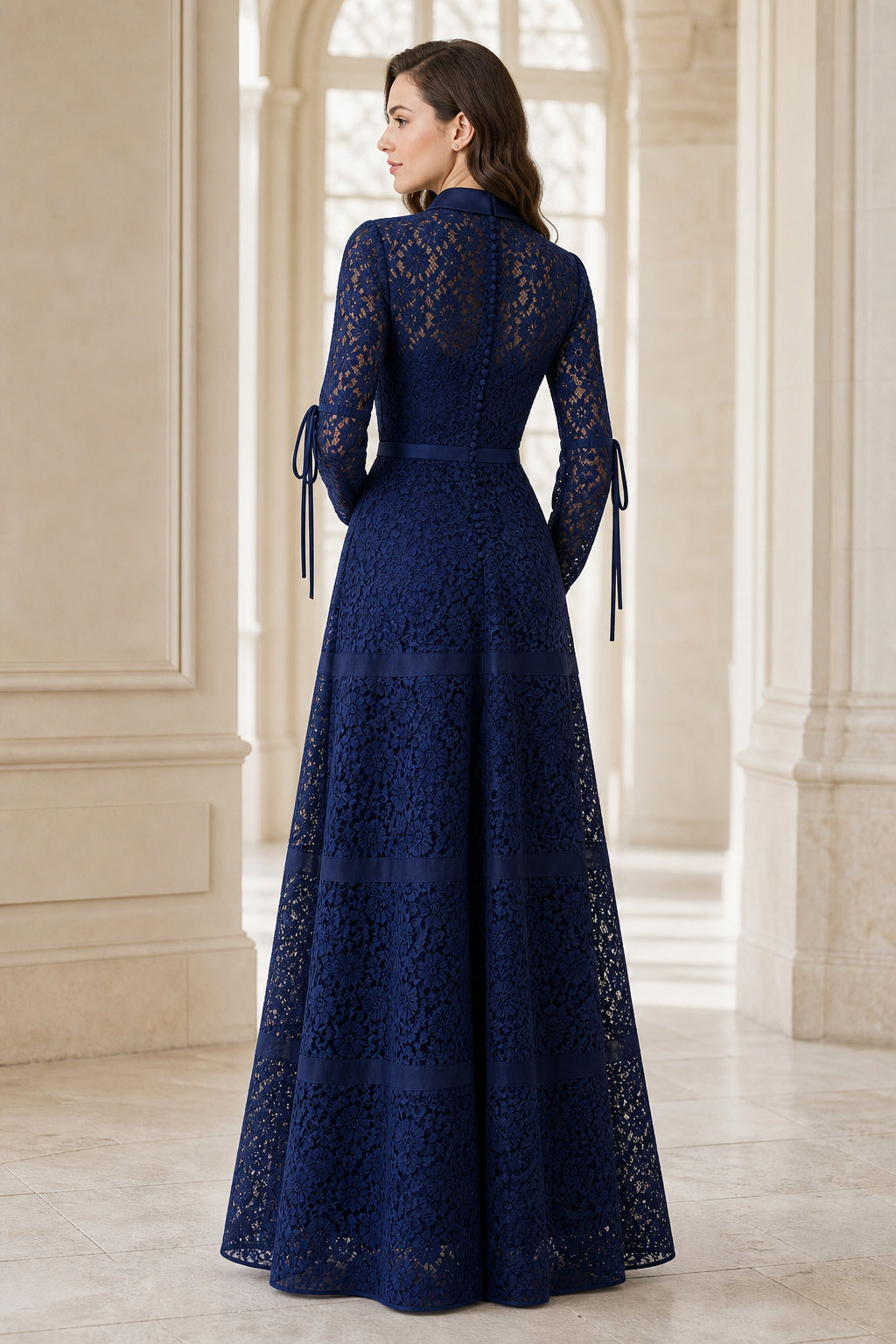 Navy High-Neck Long Sleeve A-Line Lace Floor-Length Dress With Covered Back