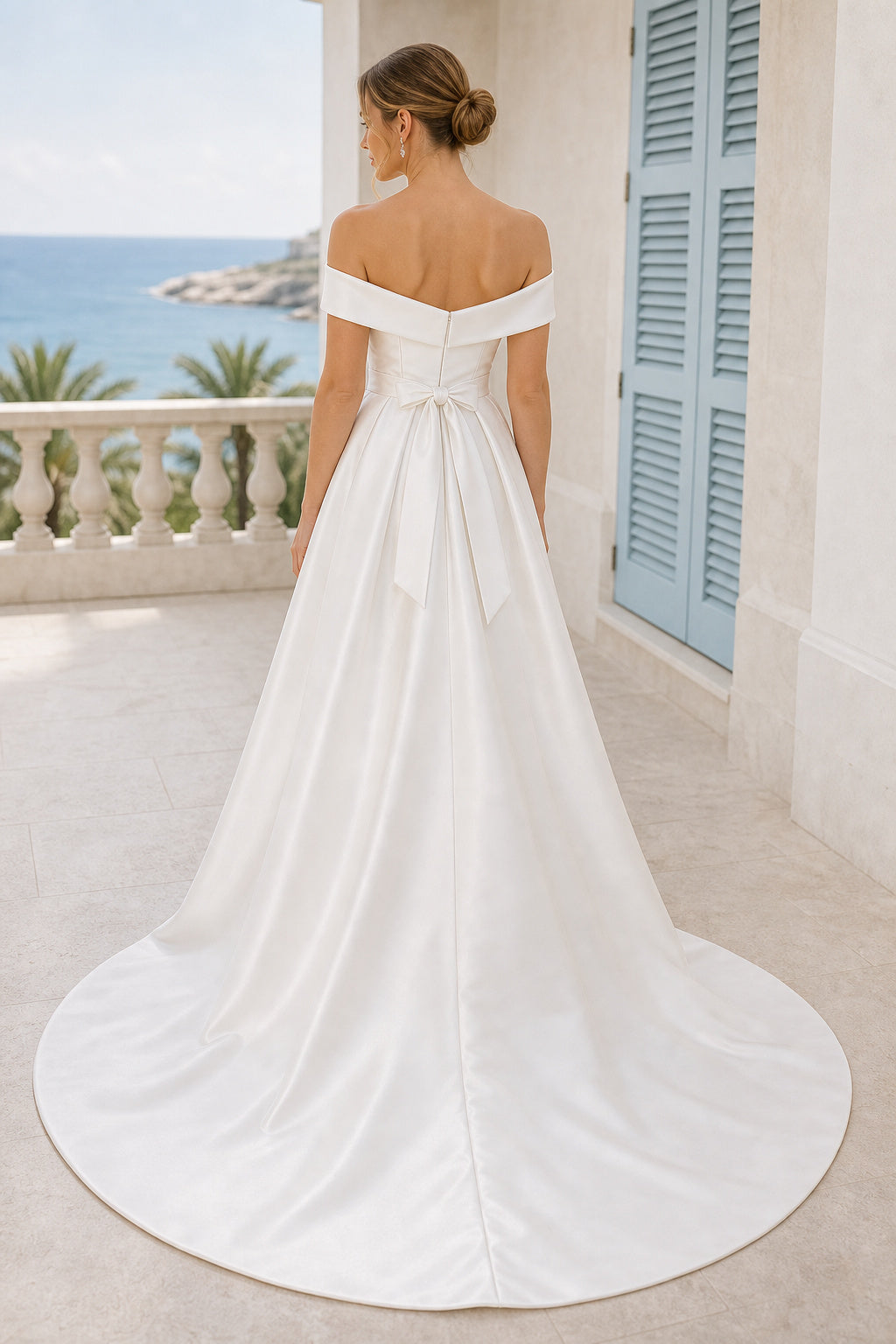 Ivory Off-the-shoulder Off-the-shoulder Two-Piece Satin Floor-length Wedding Dress With Two-Piece and Pleats and Lace-up Back