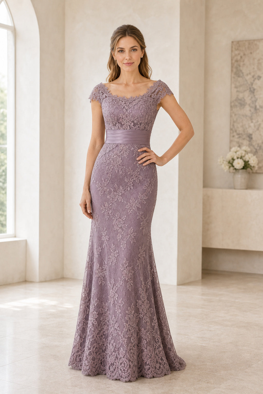 Mauve Bateau Cap Sleeve Sheath Lace Floor-Length Dress With V-back