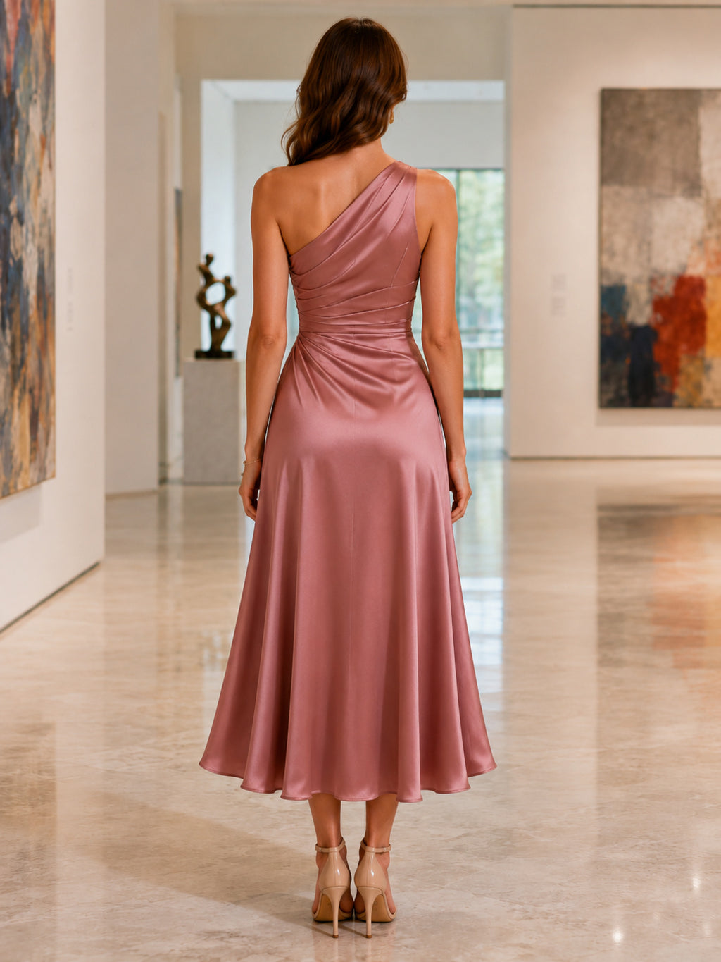 Museum Dusty Rose One-Shoulder Satin Sheath Tea-Length Slit Guest Dress back view