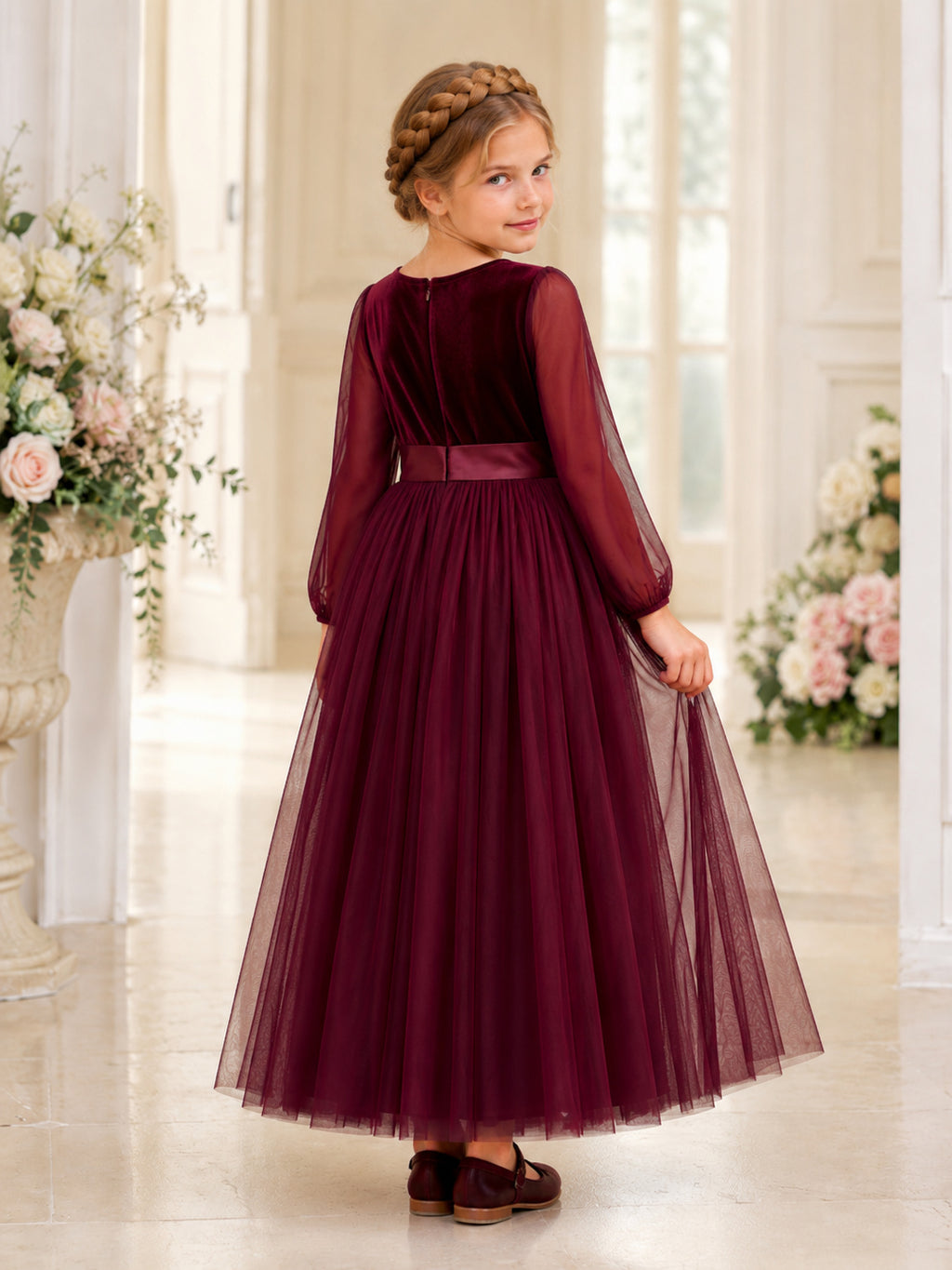 Burgundy Velvet Long Sleeve Tulle A-Line Ankle-Length Modest Formal Flower Girl Dress back view