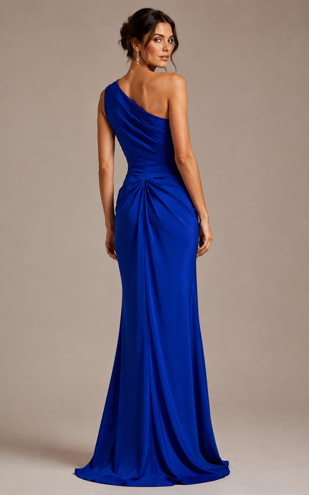 Royal Blue One Shoulder Evening Gown with Elegant Draping Mermaid Dress back view