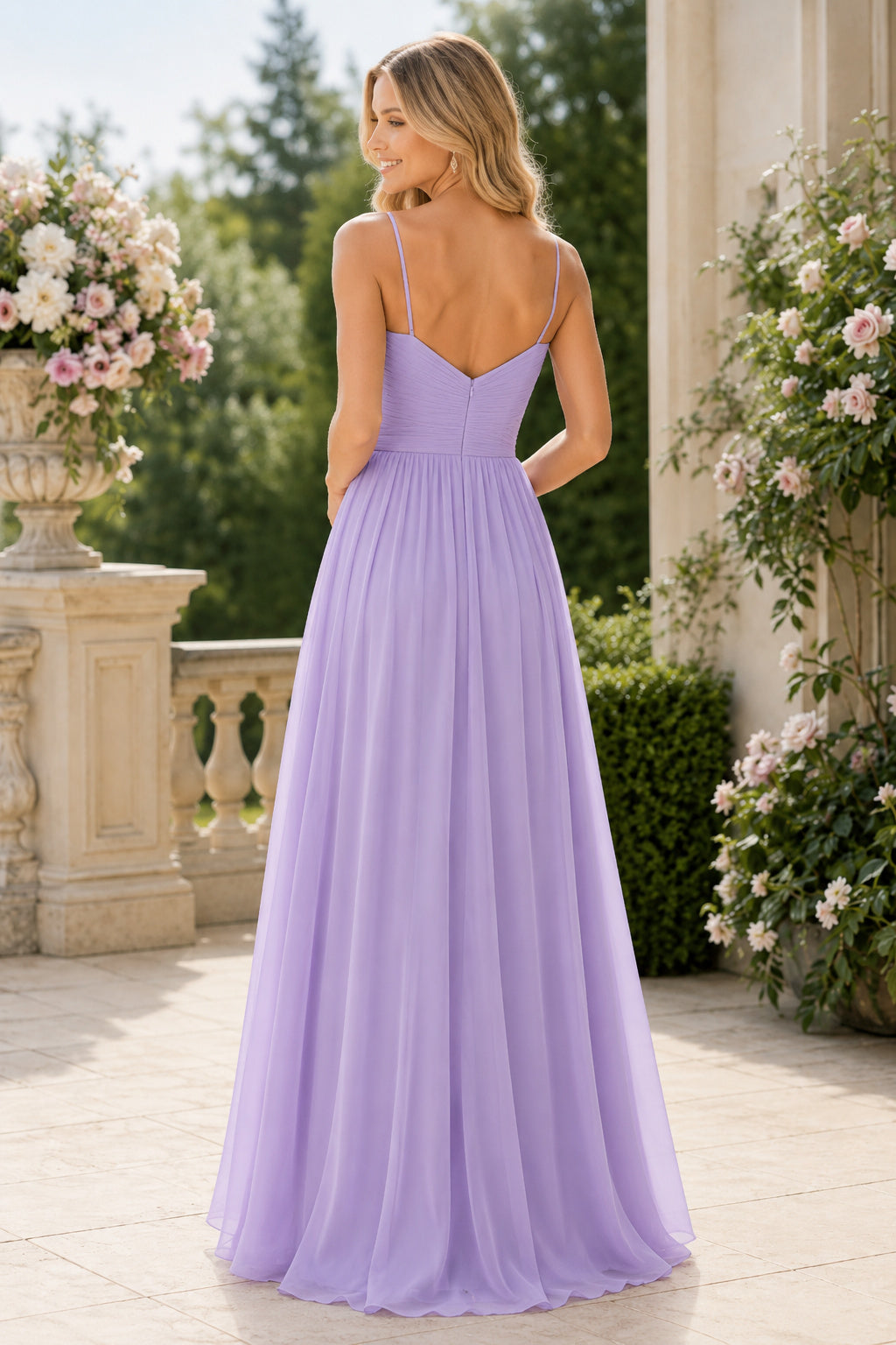 Lavender Spaghetti Chiffon A-Line Bridesmaid Dress with Sweetheart Neck and Pleated Skirt back view