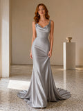 Steel Grey Cowl Neck Spaghetti Strap Satin Sheath Sweep Wedding Dress front view