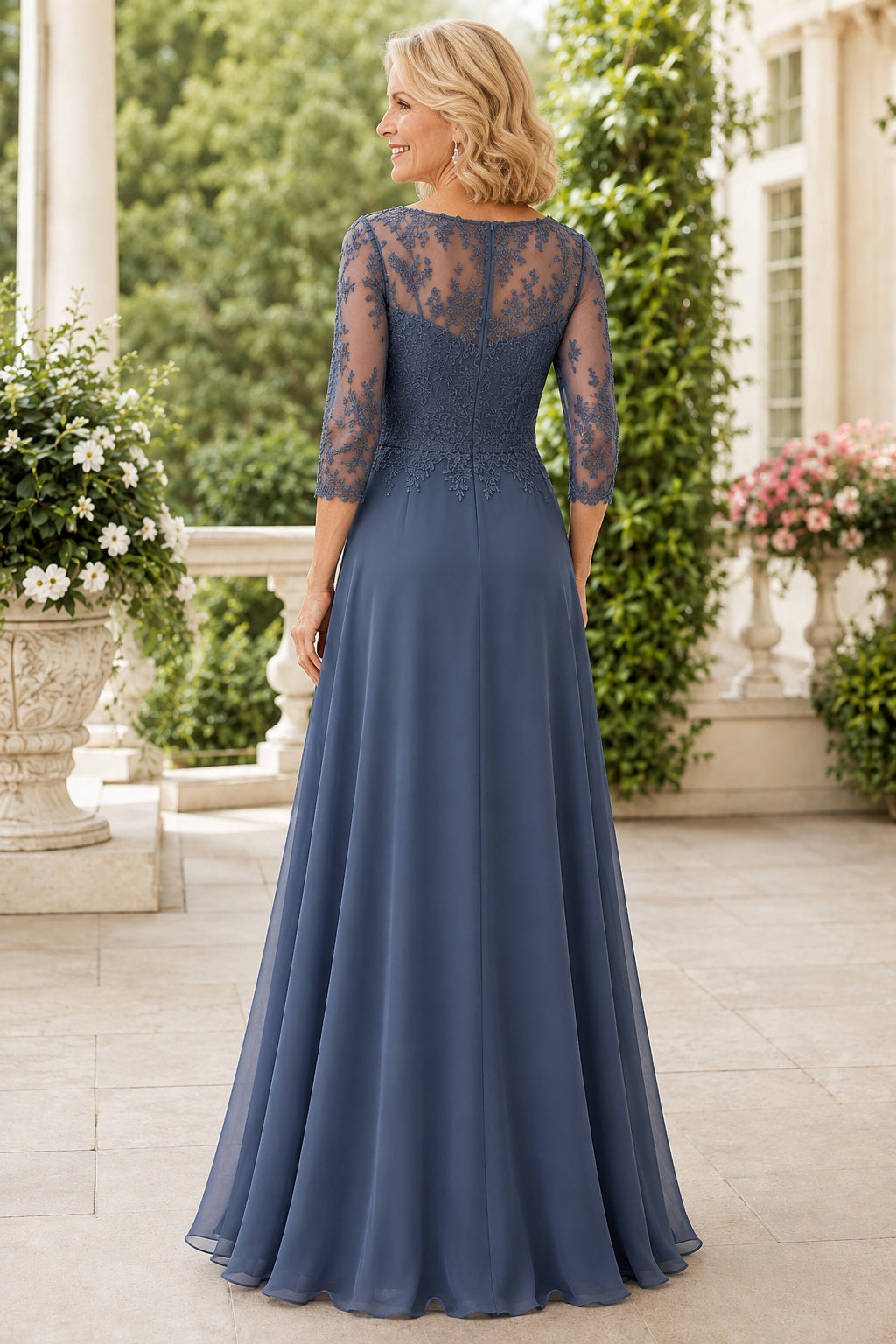 Steel Blue Bateau A-Line Mother Dress with Illusion Lace Bodice and Chiffon Skirt back view