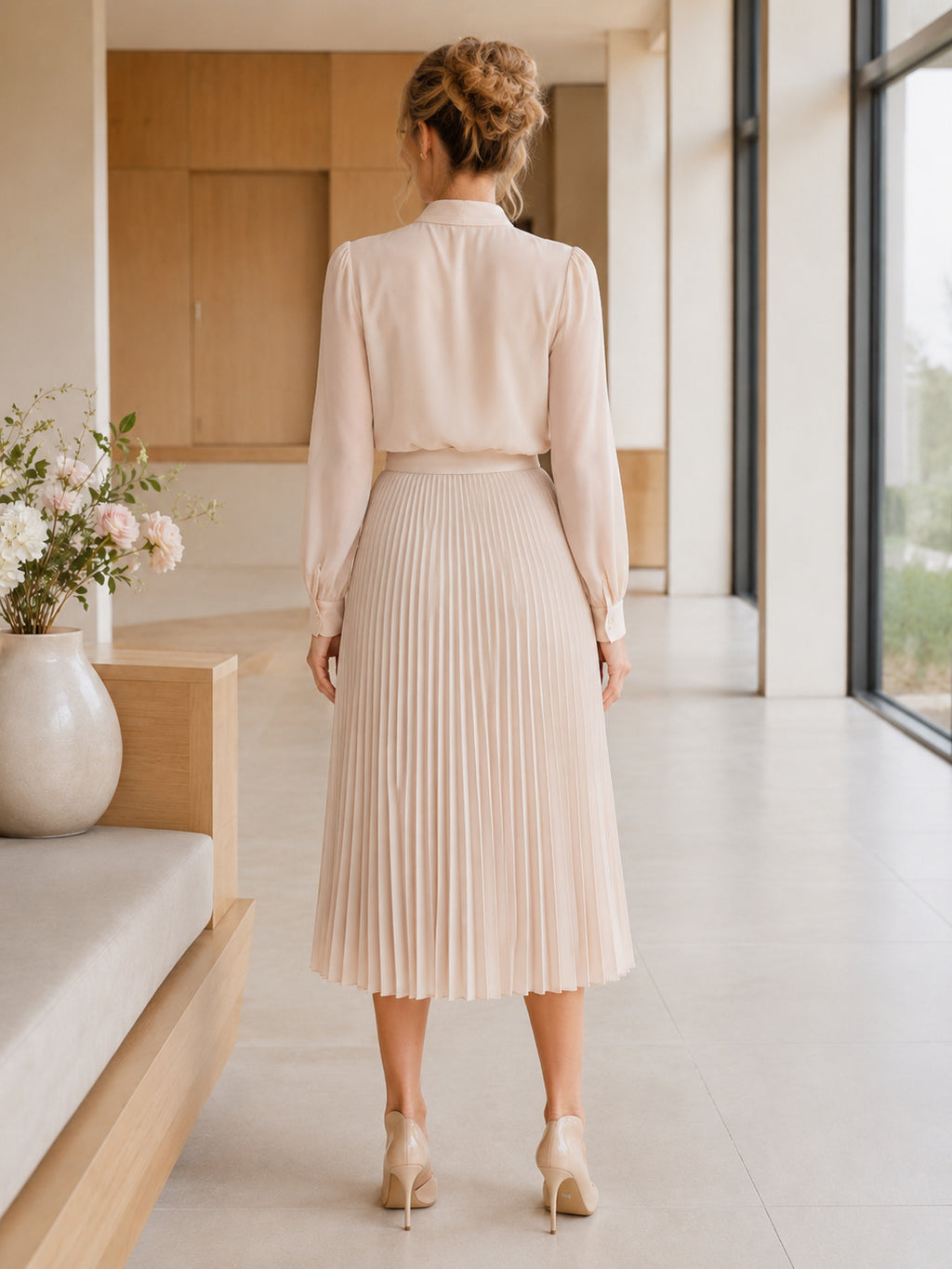 Champagne Einschulung Mother Two Piece Tea Length Bow Neck Pleated Skirt Dress Set back view