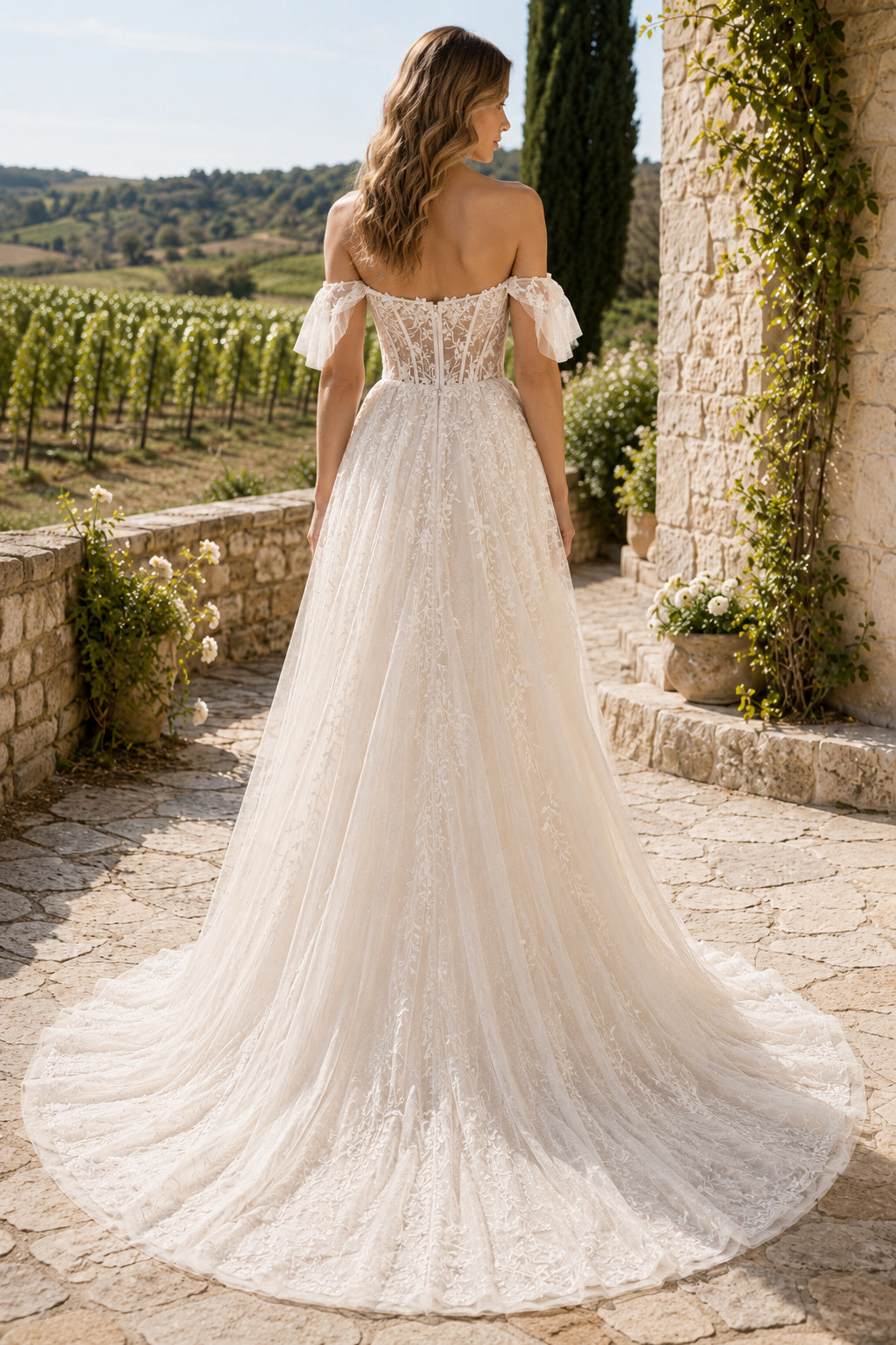 Ivory Off-the-Shoulder Lace A-Line Wedding Dress with Full Tulle Skirt and Train back view