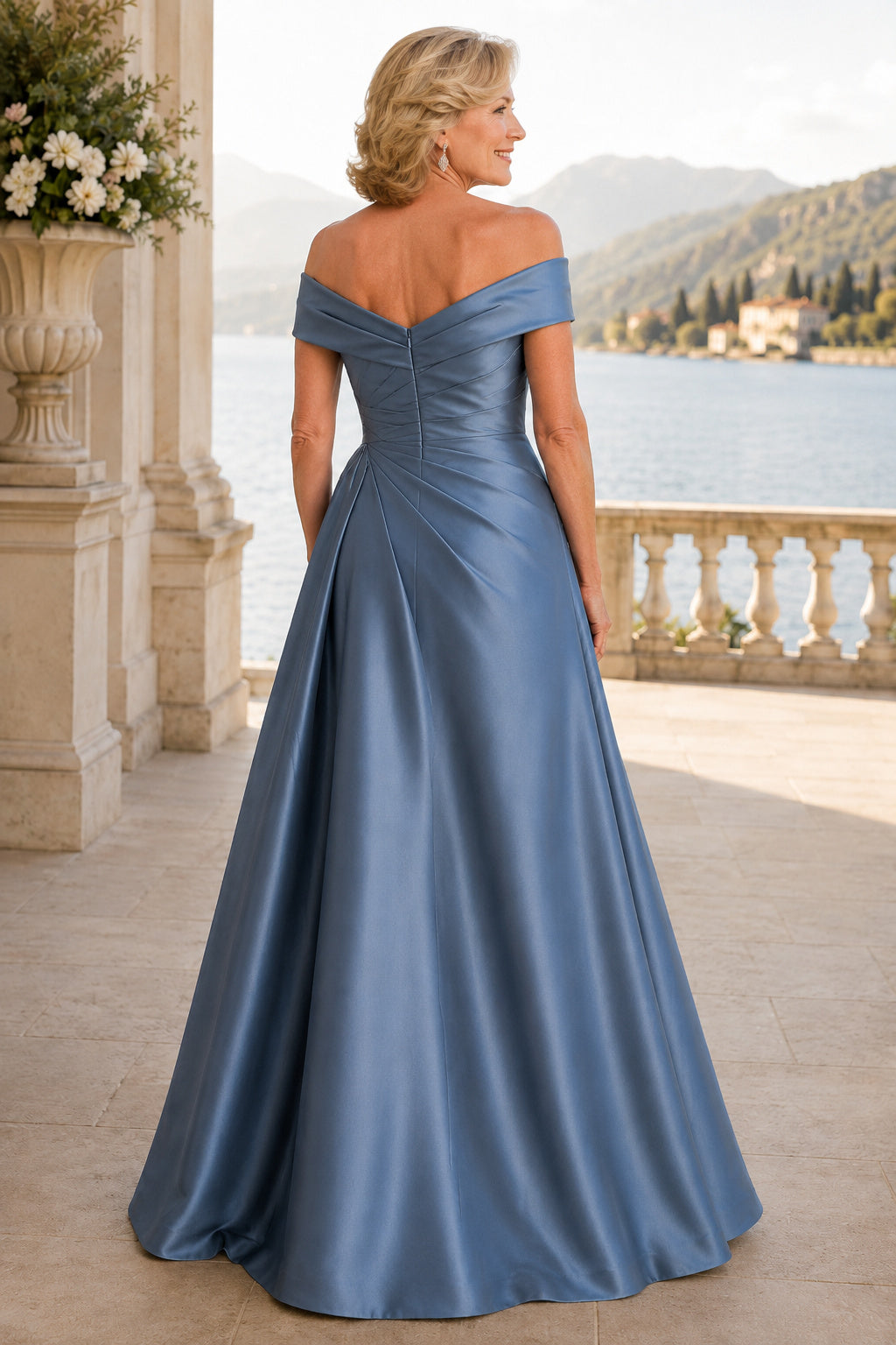Steel Blue Off Shoulder Satin A-Line Mother Dress with Pleated Bodice and Full Skirt Style 101585 back view