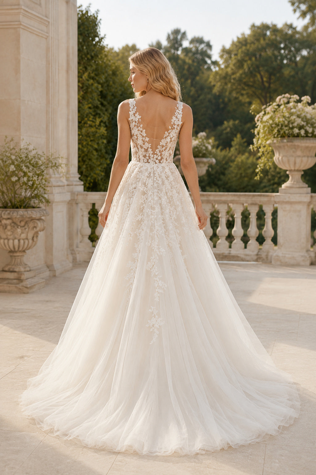 V-Neck Lace Bodice Tulle A-Line Wedding Dress with Low Back back view