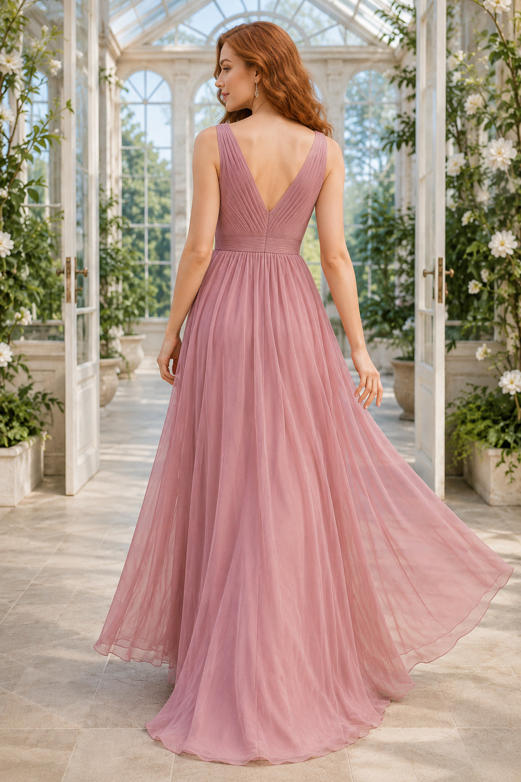 Dusty Rose V-Neck Tulle A-Line Bridesmaid Dress back view