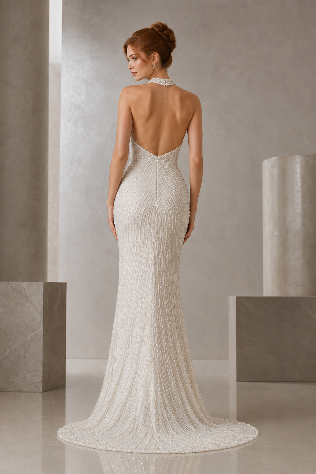 High Neck Beaded Sheath Wedding Dress with Low Back and Sweep Train back view