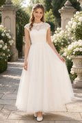 Ivory Cap Sleeve Lace Yoke with Soft Ankle Length Tulle Skirt Ankle Length A-Line Wedding Dress front view