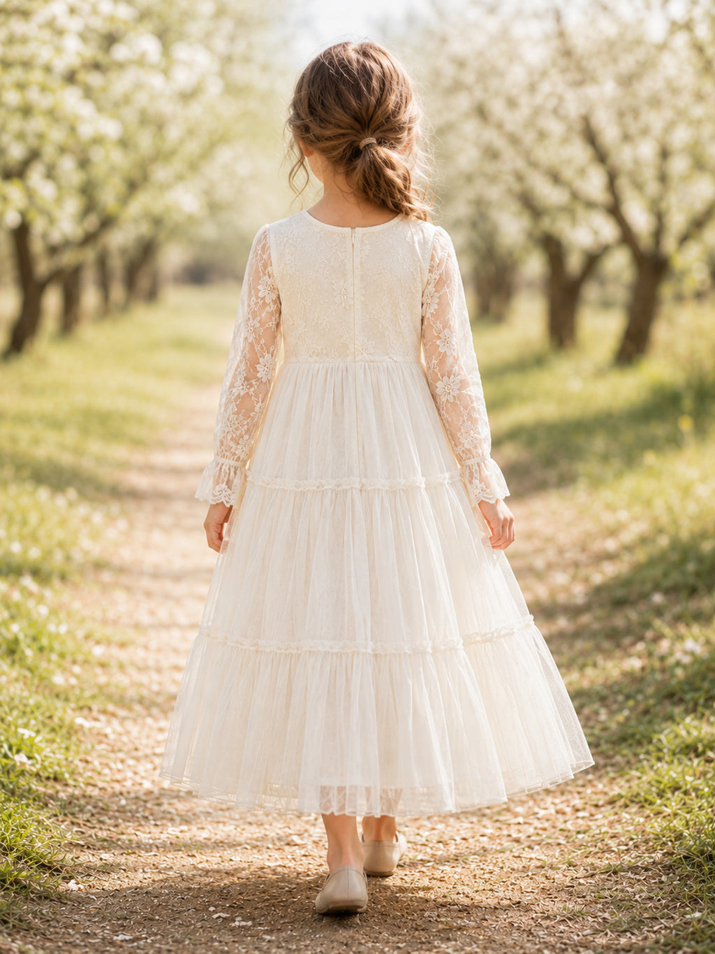 Country Garden Champagne Long Sleeve Tulle Tea-Length A-Line Flower Girl Dress with Jewel Neck and Floral Detail back view