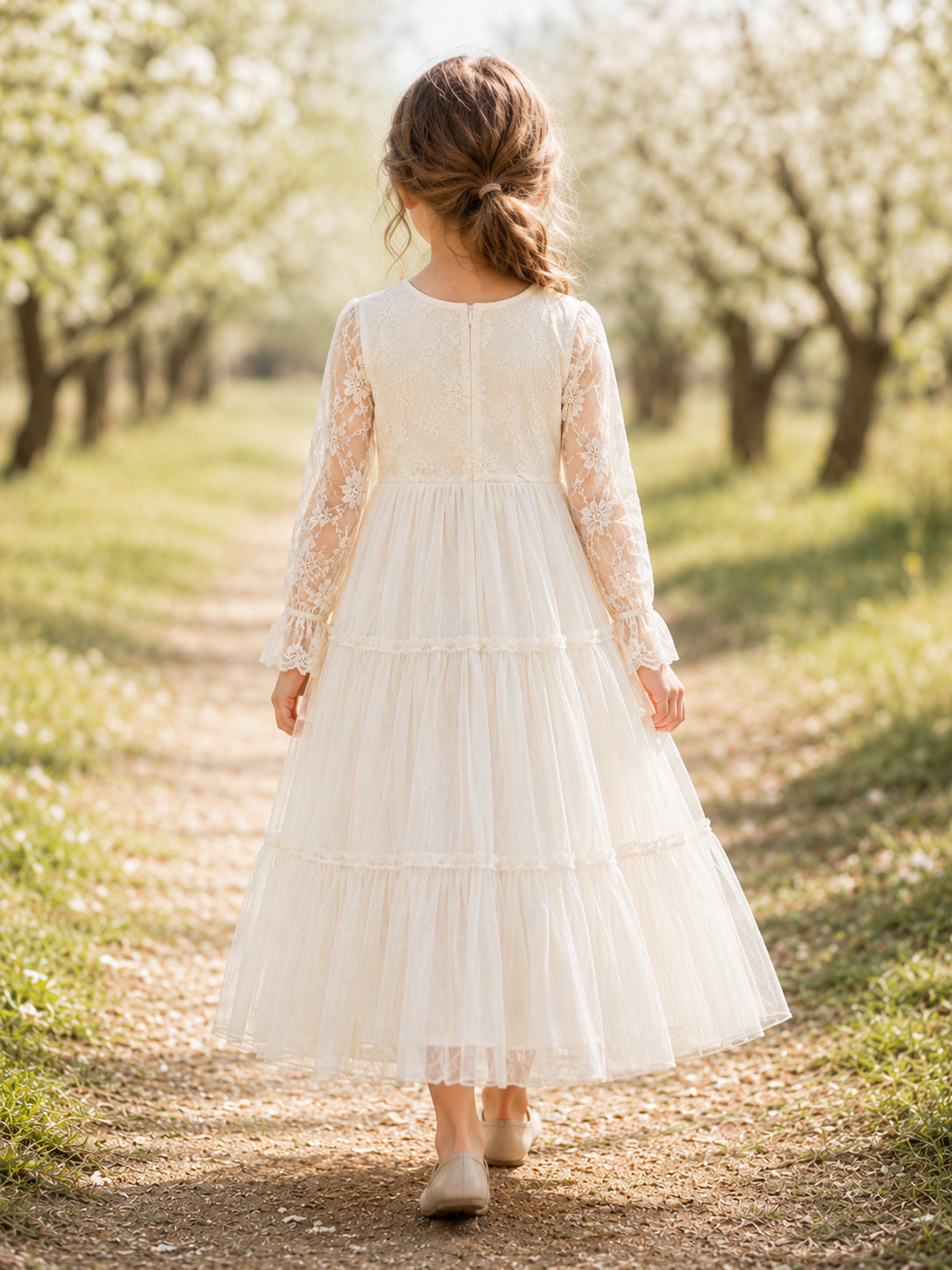 Country Garden Champagne Long Sleeve Tulle Tea-Length A-Line Flower Girl Dress with Jewel Neck and Floral Detail back view