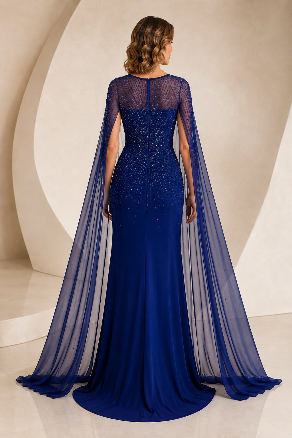 Royal Blue Illusion Beaded Bodice Sheath Formal Gown With Sheer Cape Overlay Formal Dress back view