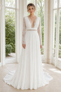 White Illusion A-Line Crepe Floor-length Wedding Dress With Front Slit and Beaded Waist