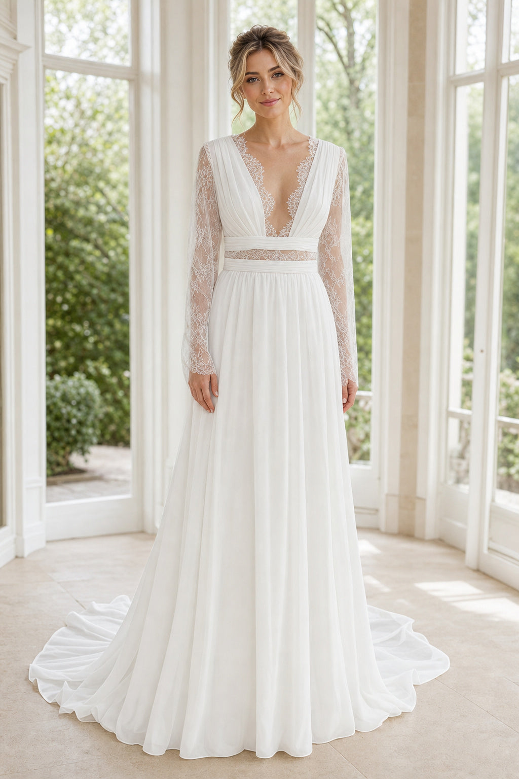 White Illusion A-Line Crepe Floor-length Wedding Dress With Front Slit and Beaded Waist