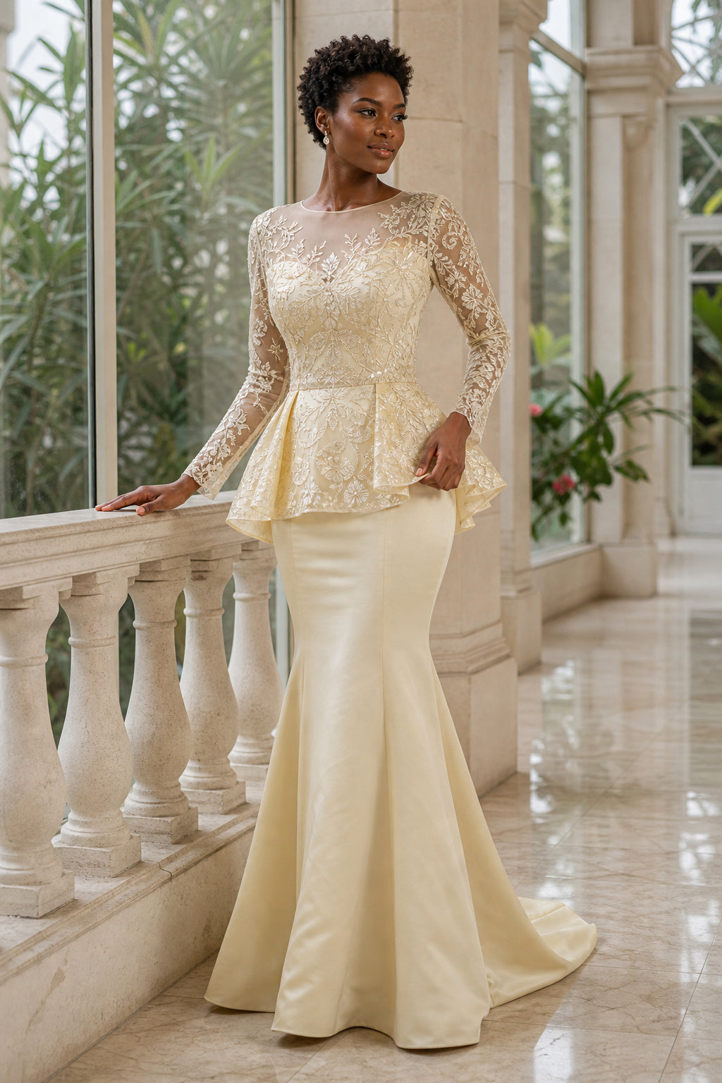 Jewel Neck Long Sleeve Mermaid Lace Floor-Length Dress With Peplum