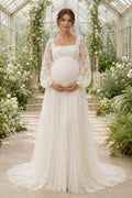 Ivory Square Neck Long Sleeve Maternity Wedding Dress with Tulle Skirt front view