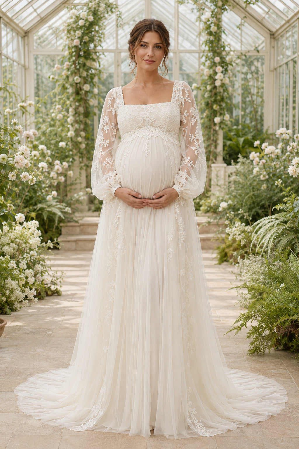 Ivory Square Neck Long Sleeve Maternity Wedding Dress with Tulle Skirt front view