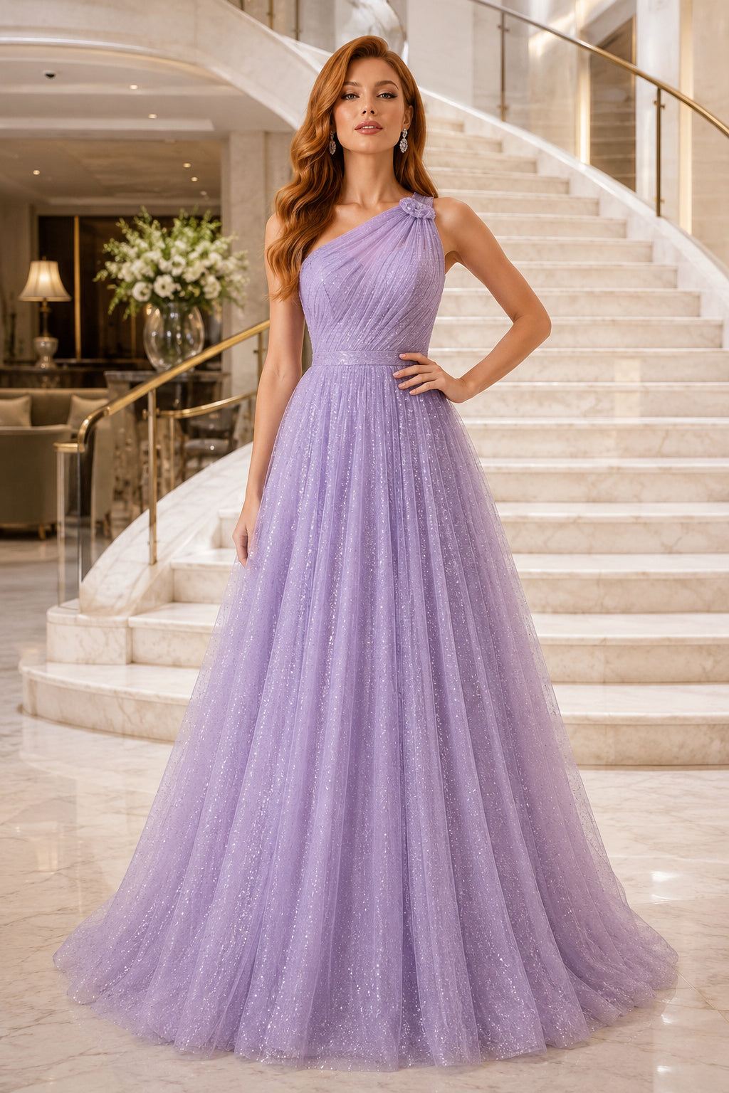 Lavender One Shoulder Lavender Glitter Tulle Ball Gown with Full Skirt Floor Length Ball Gown Prom Dress front view