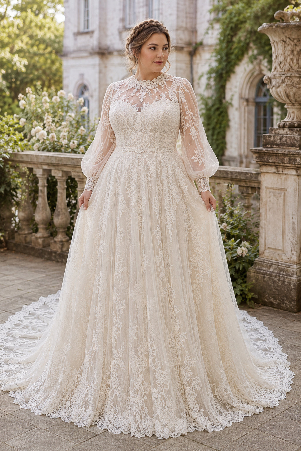 Ivory Plus Size High Neck Illusion Lace A-Line Wedding Dress with Long Puff Sleeves front view
