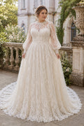 Ivory Plus Size High Neck Illusion Lace A-Line Wedding Dress with Long Puff Sleeves front view