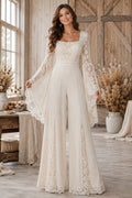 Ivory Square Neck Long Sleeve Lace Bridal Jumpsuit with Wide Legs front view