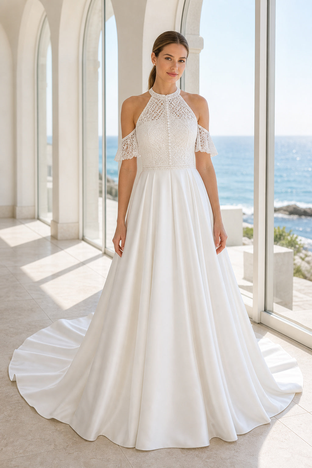 White V-neck A-Line Lace Floor-length Wedding Dress With Lace and Beaded Waist and Open Back Lace Hem Detail
