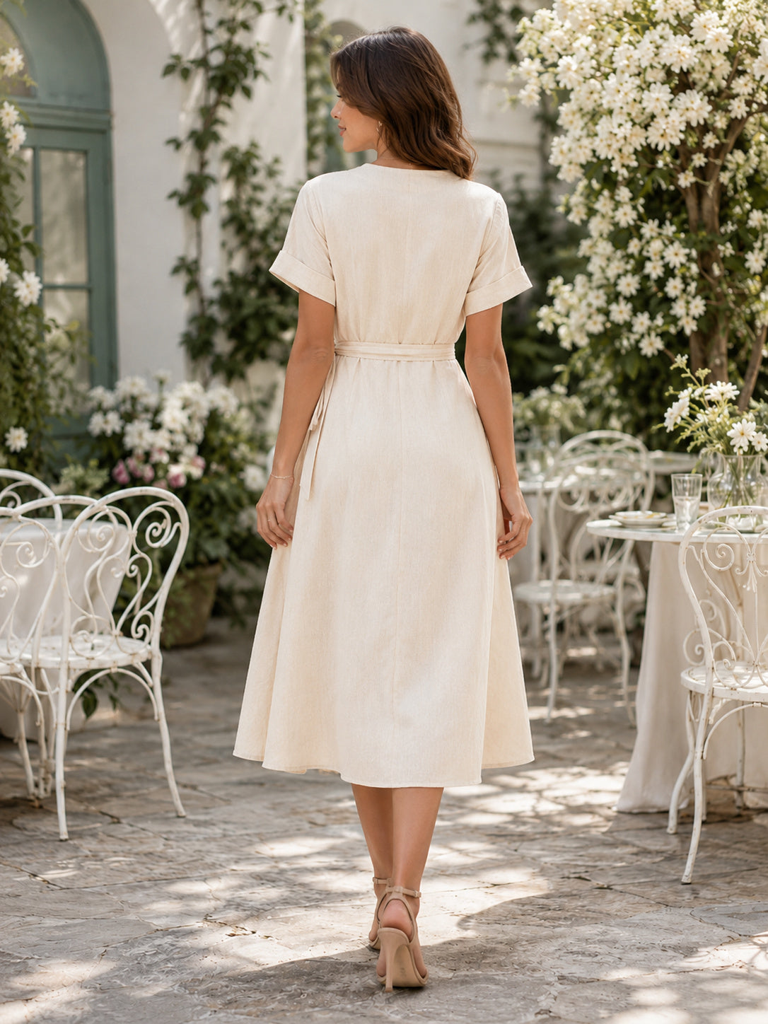 Post Wedding Brunch V Neck Short Sleeve Wrap A Line Midi Dress back view