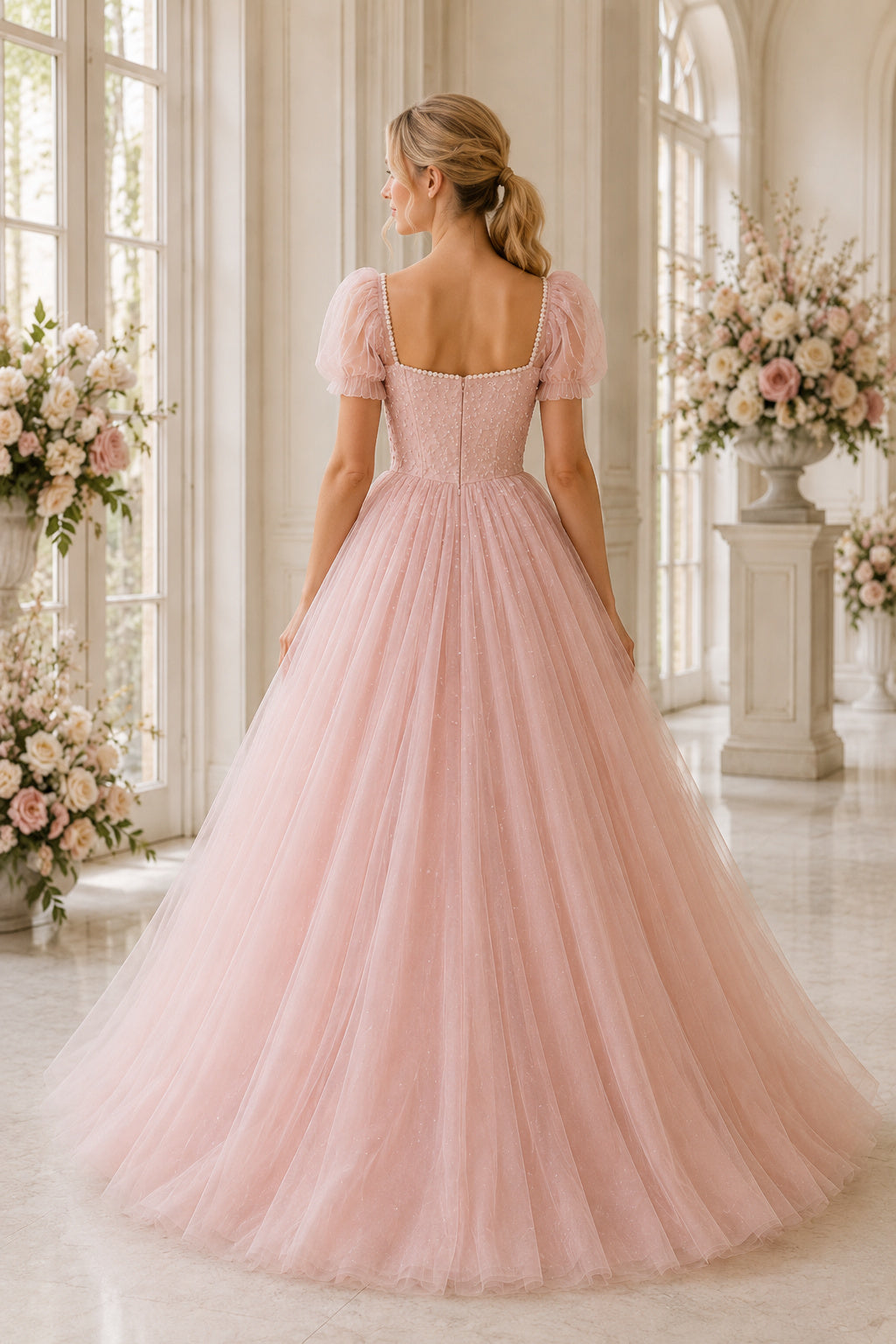 Blushing Pink Square Neck Puff Sleeve A-Line Dress with Full Tulle Skirt back view