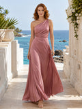Dusty Rose Destination Beach Sheath Satin Bridesmaid Dress with Sleeveless One-Shoulder Bodice, Ruched Split Floor-Length Ski