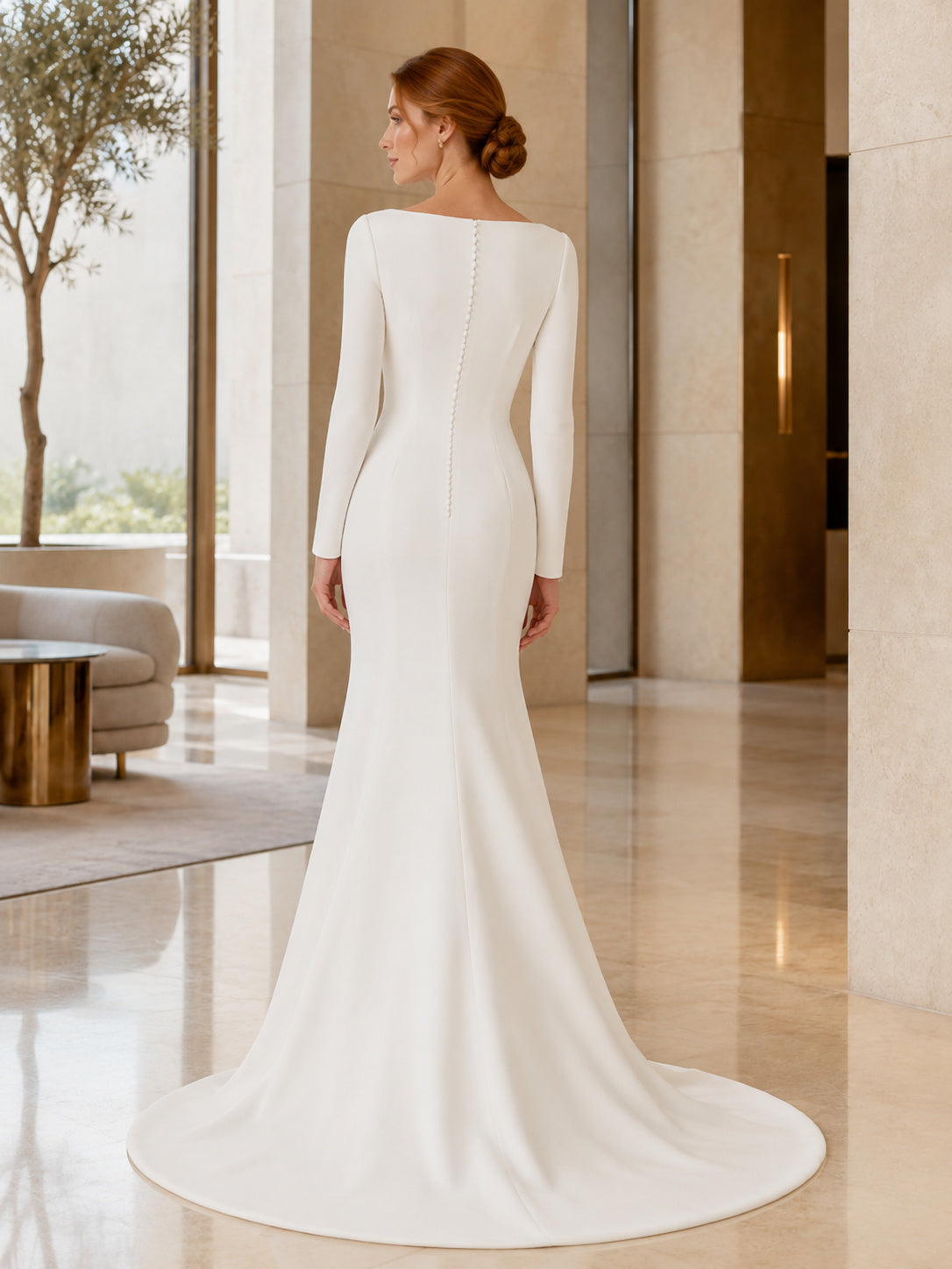 Minimalist Satin Wedding Dress Mermaid Bateau Neck Long Sleeve Sweep Train Bridal Gown back view