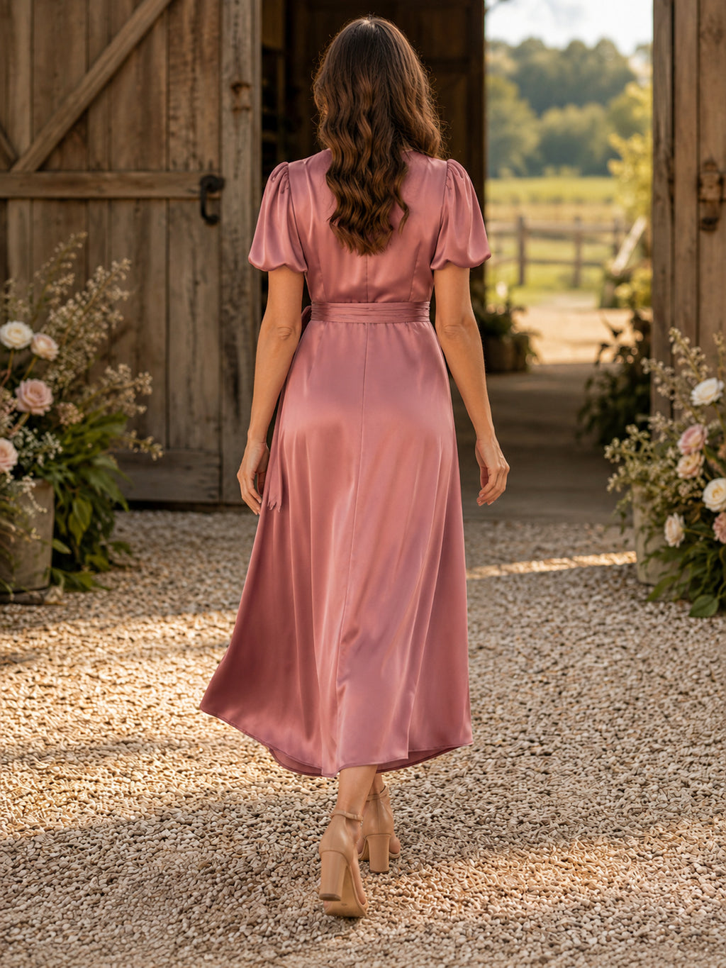 Country Dusty Rose Satin V-Neck Wrap A-Line Tea-Length Puff Sleeve Guest Dress back view