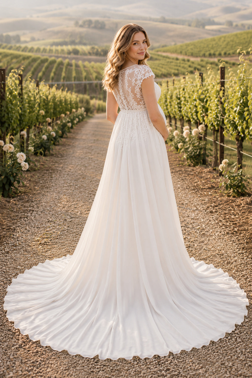 Ivory Cap Sleeve Lace Maternity Wedding Dress with Full Tulle Skirt back view
