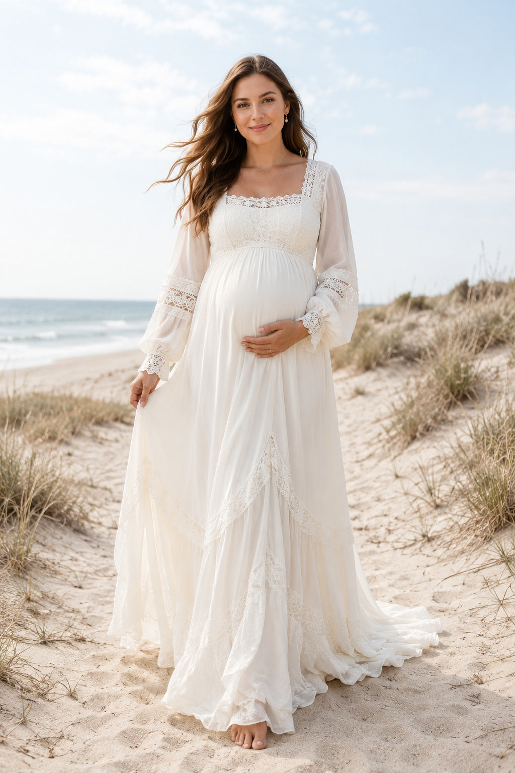Ivory Maternity Square Neck Long Sleeve Chiffon A-Line Wedding Dress with Lace Trim front view
